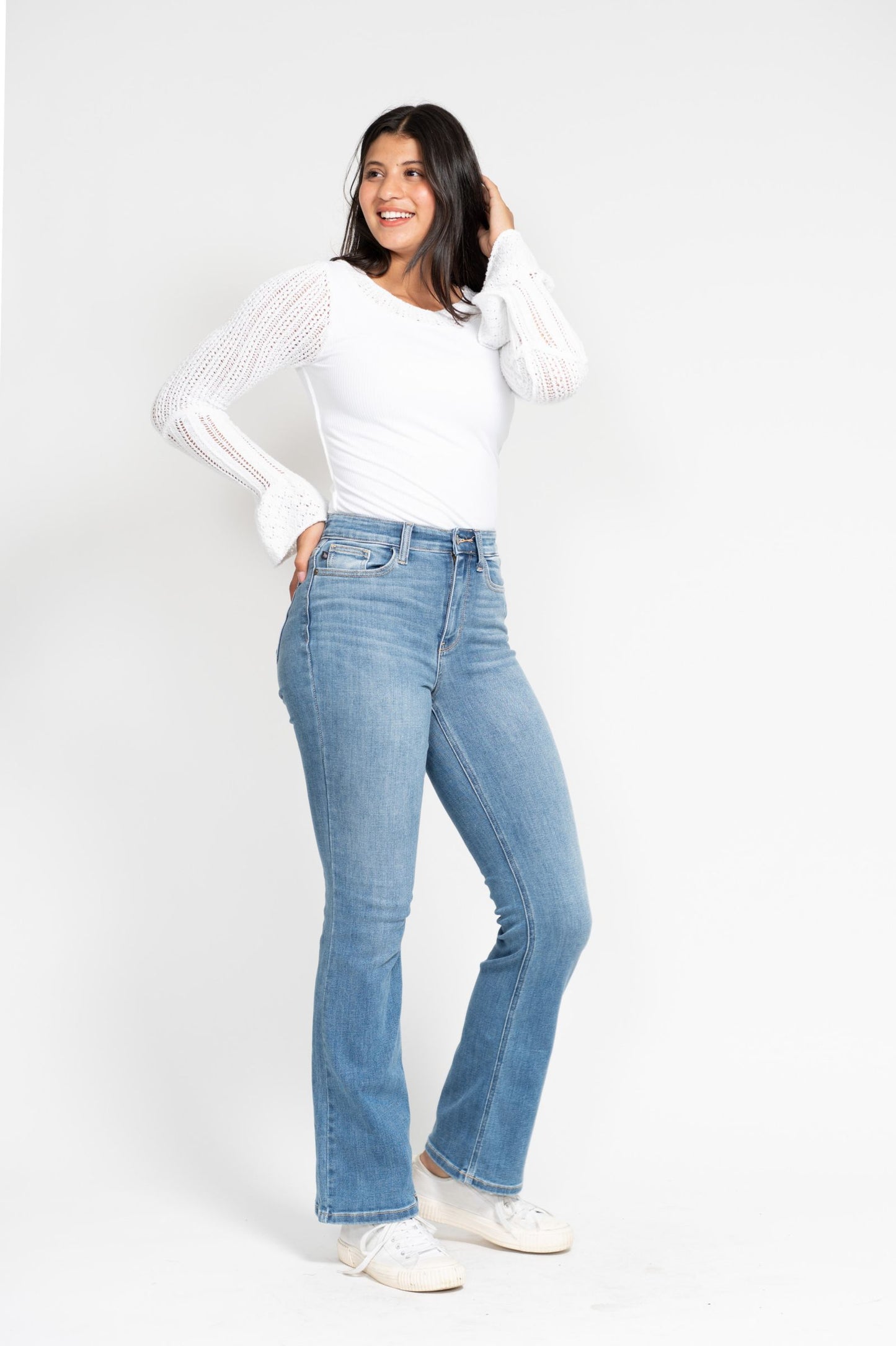 High Waisted Classic Contrast Wash Bootcut Jeans in Medium Blue by Judy Blue