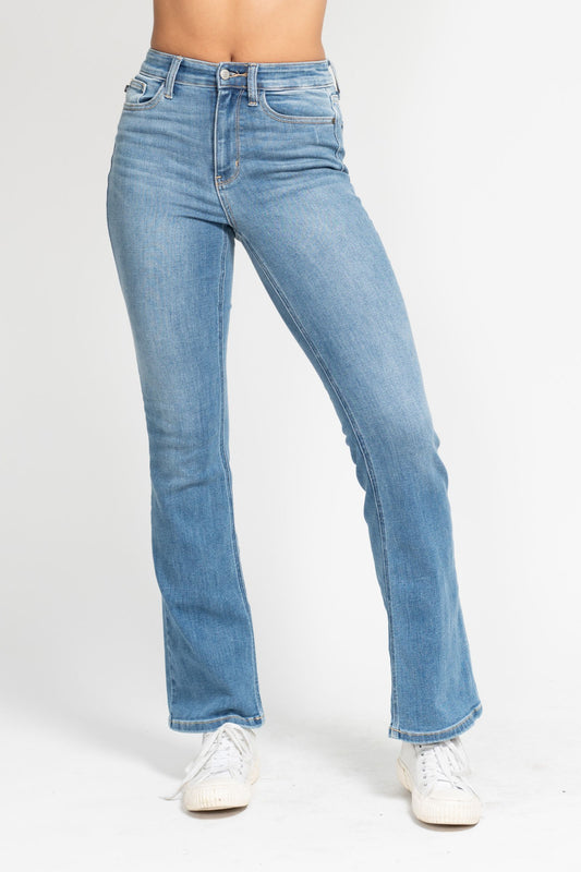 High Waisted Classic Contrast Wash Bootcut Jeans in Medium Blue by Judy Blue