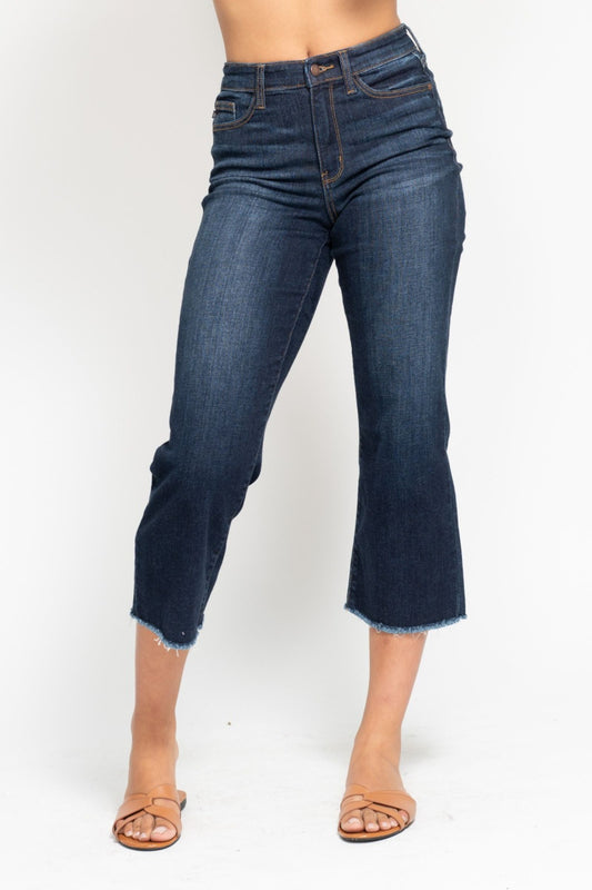 High Waisted Cropped Wide Leg Jeans in Dark Blue by Judy Blue