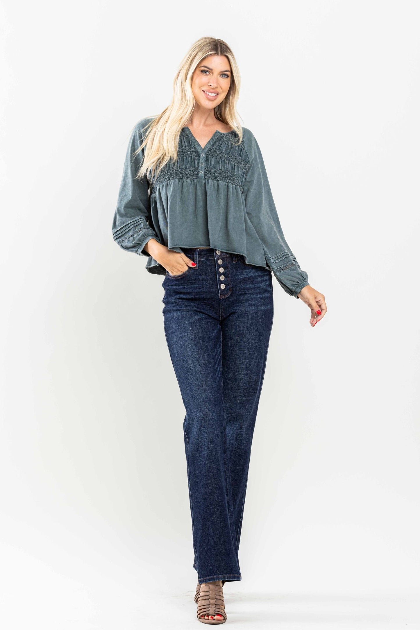 High Waisted Button-Fly Straight Leg Jeans in Dark Blue by Judy Blue