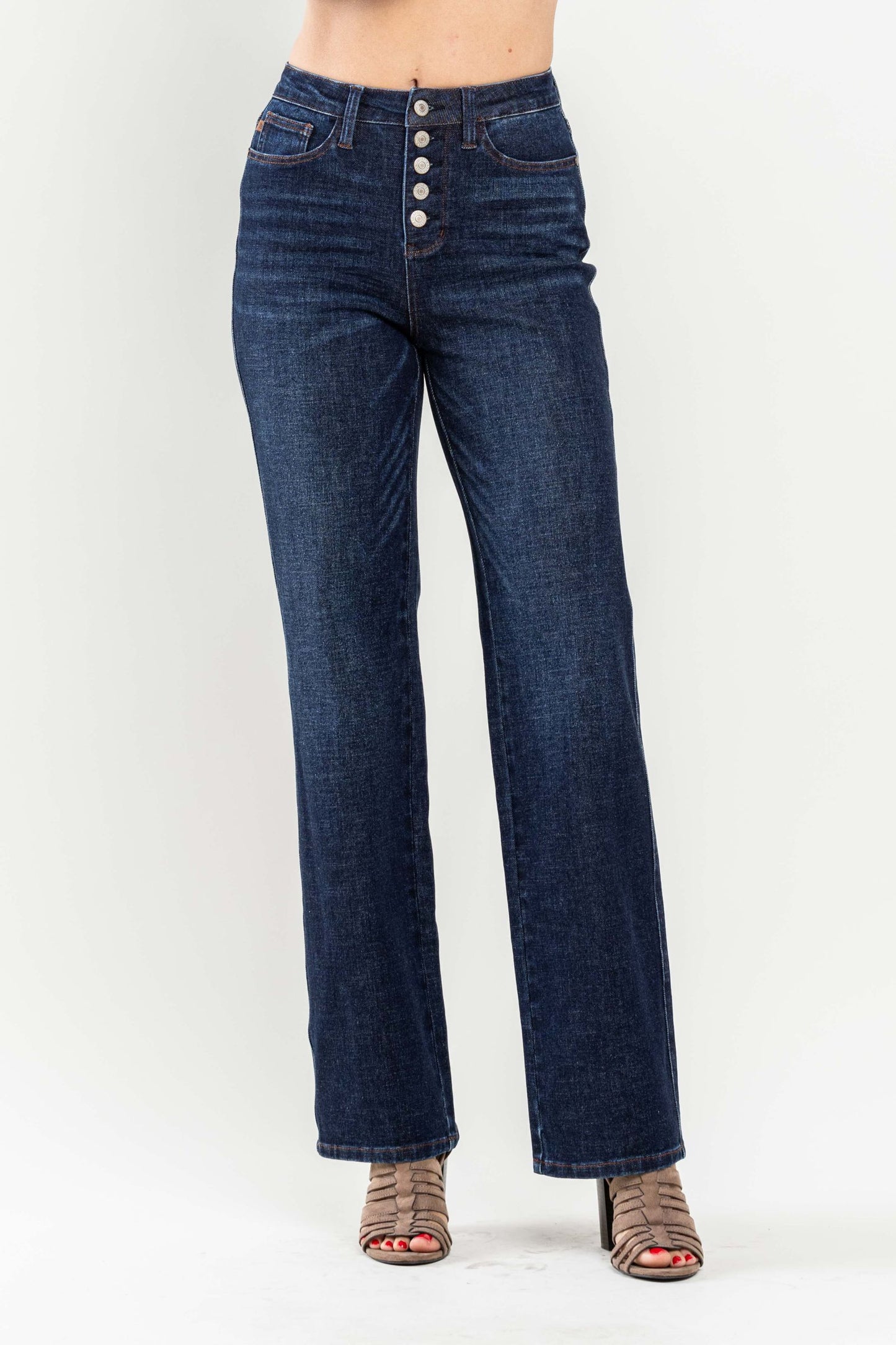 Judy Blue Straight Button-Fly Jeans in Dark Blue