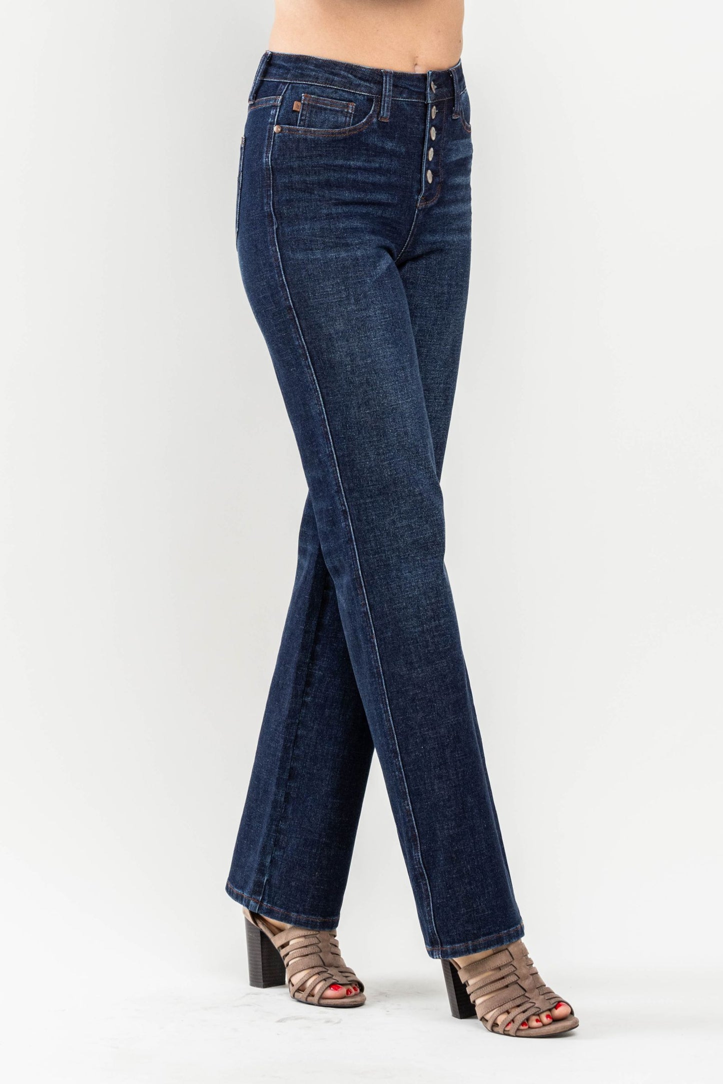 High Waisted Button-Fly Straight Leg Jeans in Dark Blue by Judy Blue