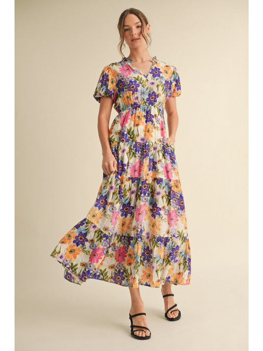 Floral Print Tiered Puff Sleeve Dress (Plus) by Jodifl
