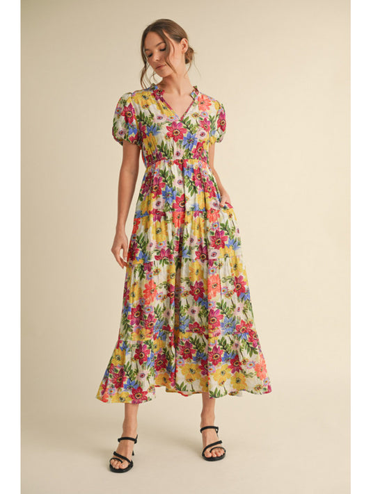 Floral Print Tiered Puff Sleeve Dress by Jodifl