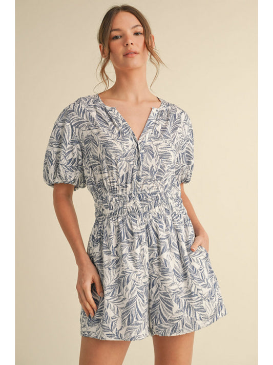 Slit Neck Leaf Print Romper by Jodifl