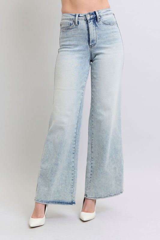 High Waisted Tummy Control Retro Wide Leg Jeans in Light Blue by Judy Blue