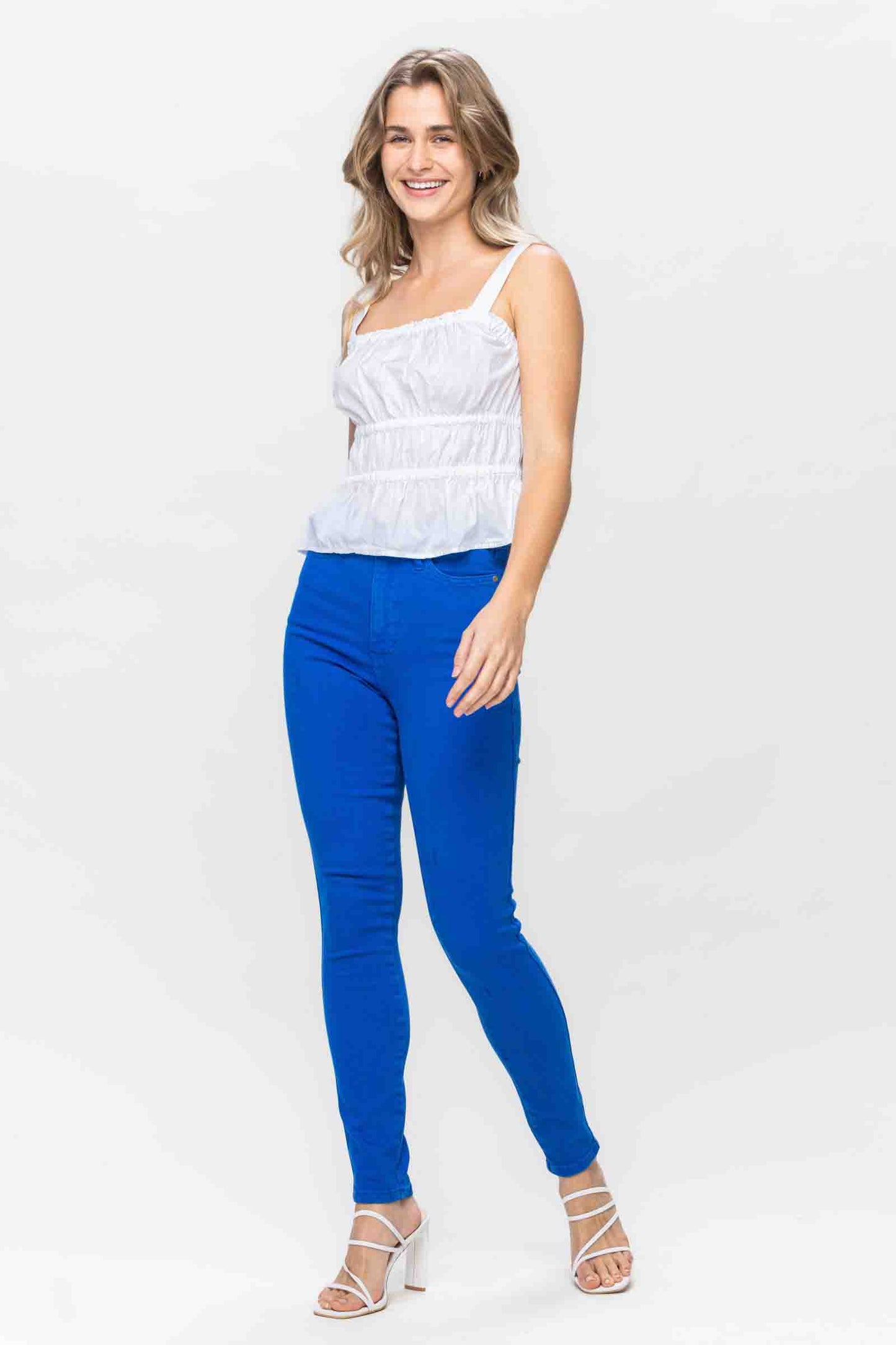 High Waisted Tummy Control Garment Dyed Skinny Jeans in Cobalt Blue by Judy Blue