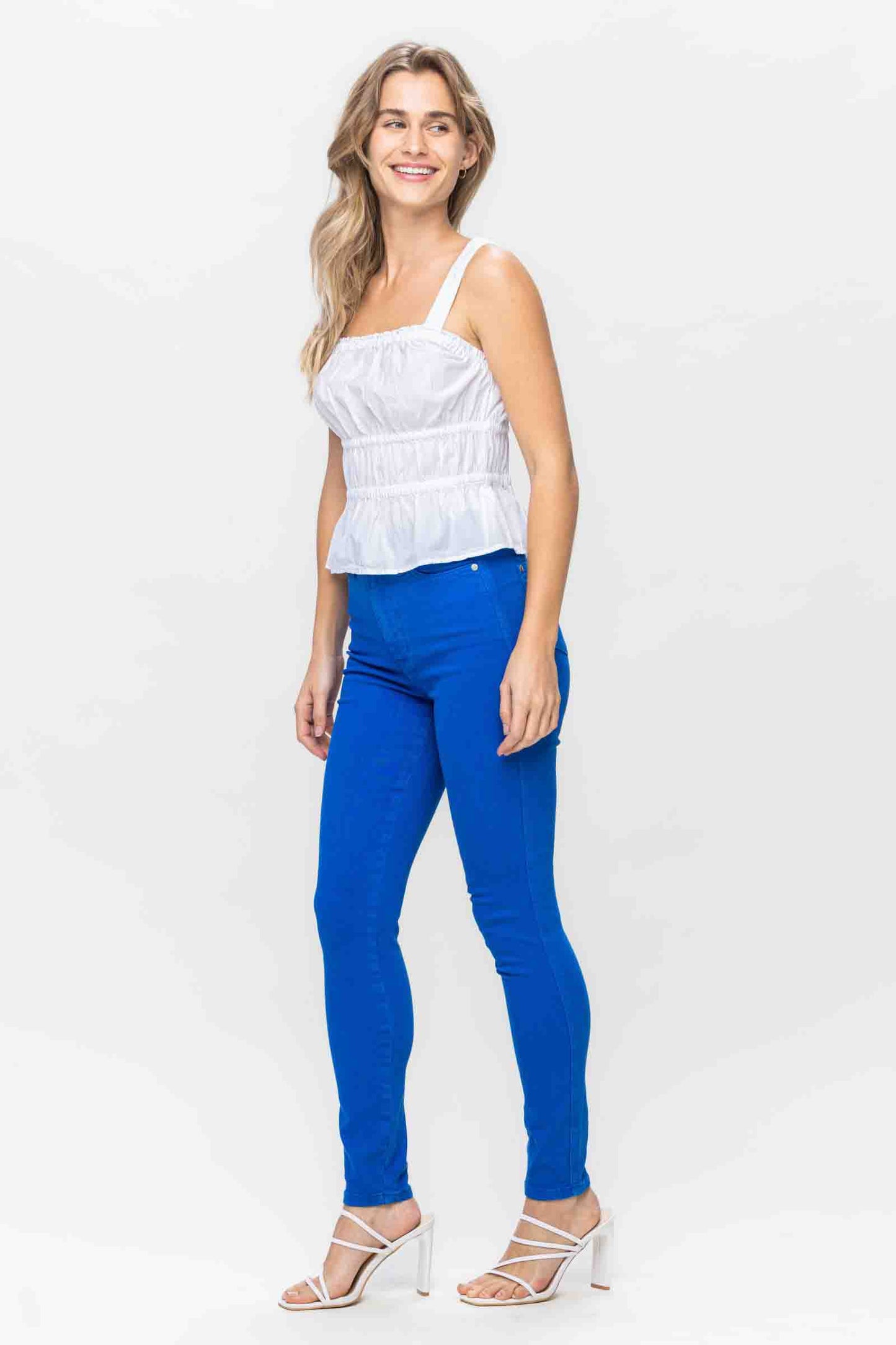 High Waisted Tummy Control Garment Dyed Skinny Jeans in Cobalt Blue by Judy Blue
