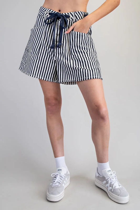 Mineral Washed Rope Belt Striped Shorts in Midnight by ee:some