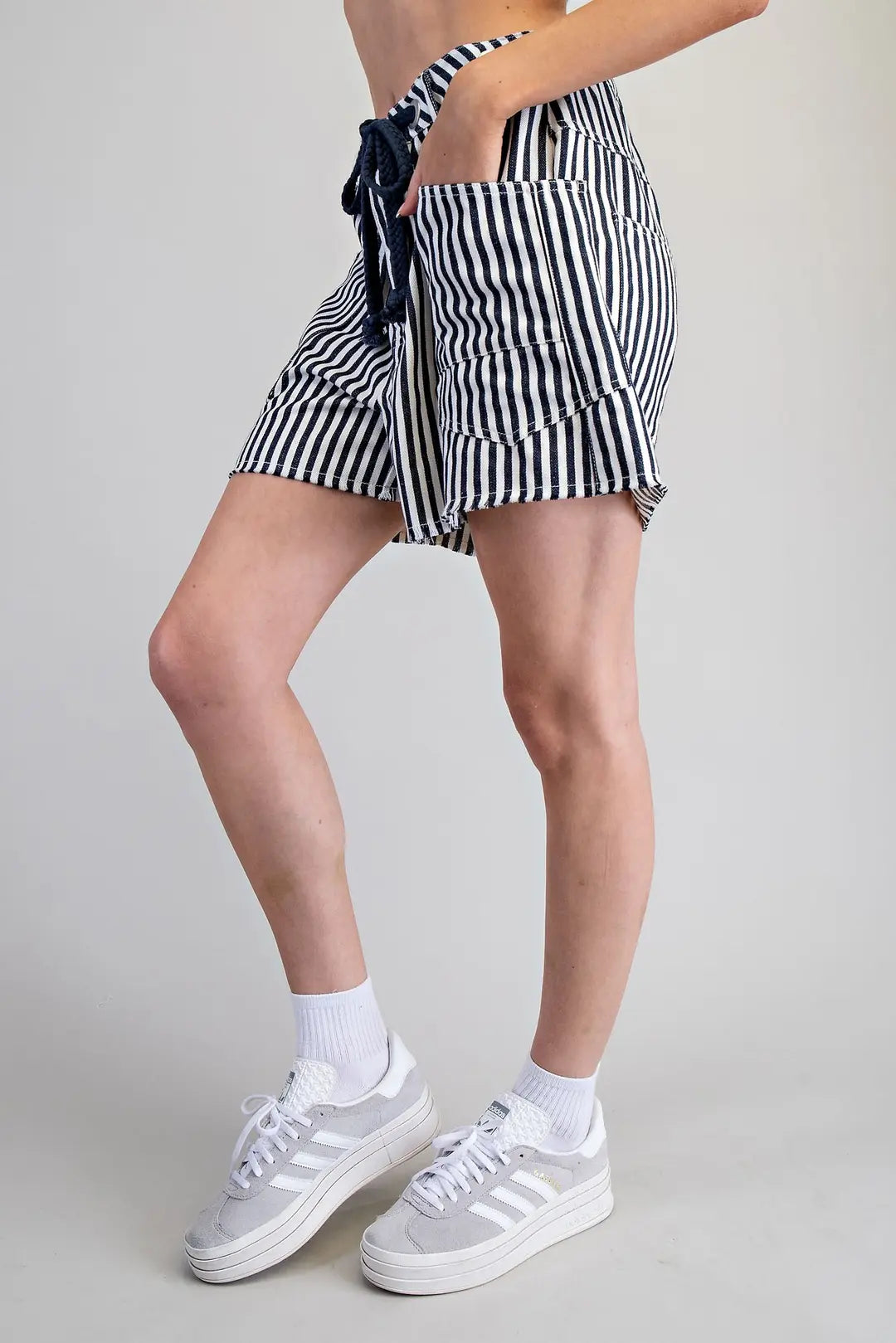 Mineral Washed Rope Belt Striped Shorts in Midnight by ee:some