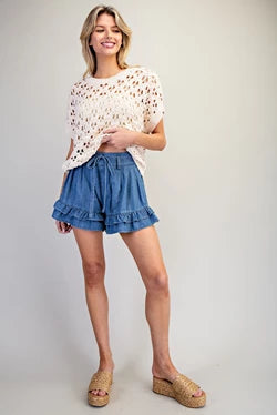 Drawstring Ruffle Shorts in Dark Denim Blue by ee:some