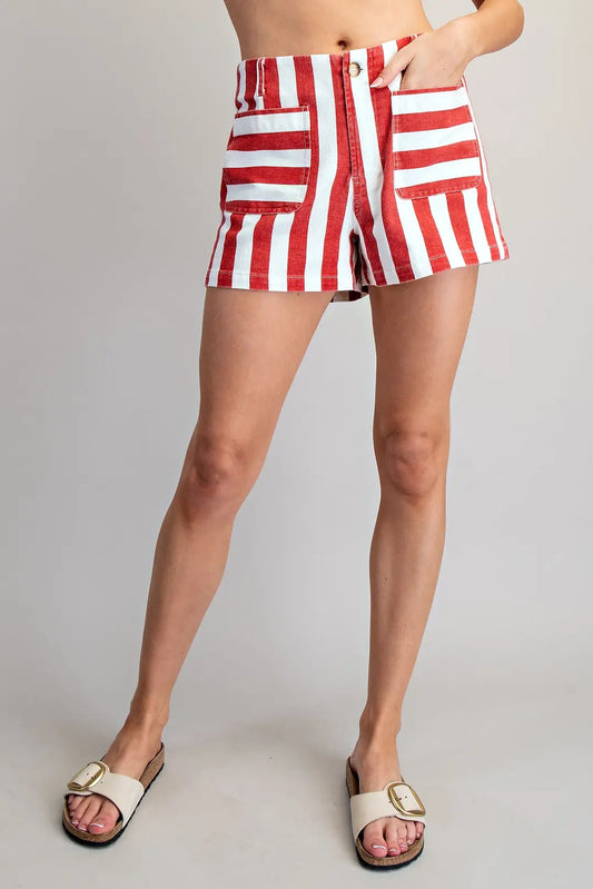 Mineral Washed Striped Shorts in Tomato by ee:some