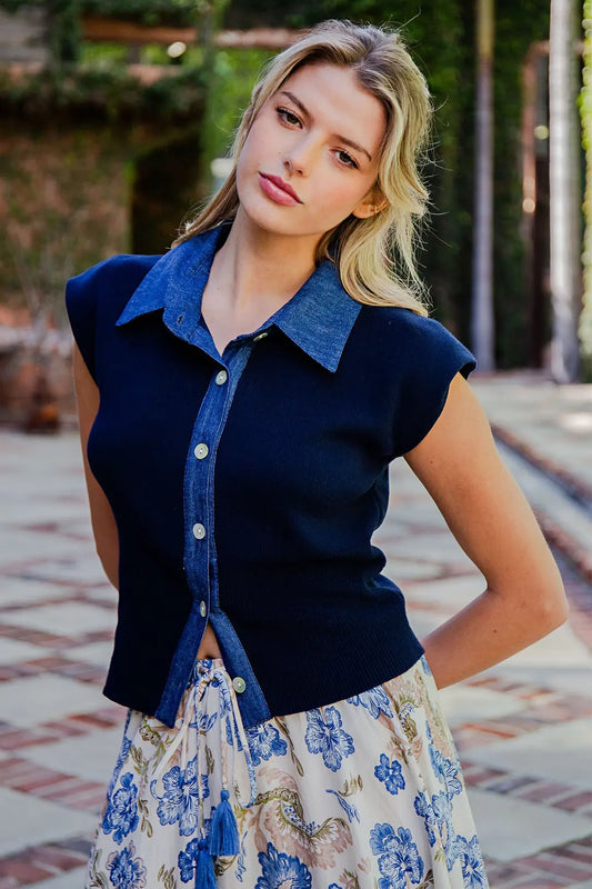 Denim Contrast Cap Sleeve Knit Top in Navy by ee:some