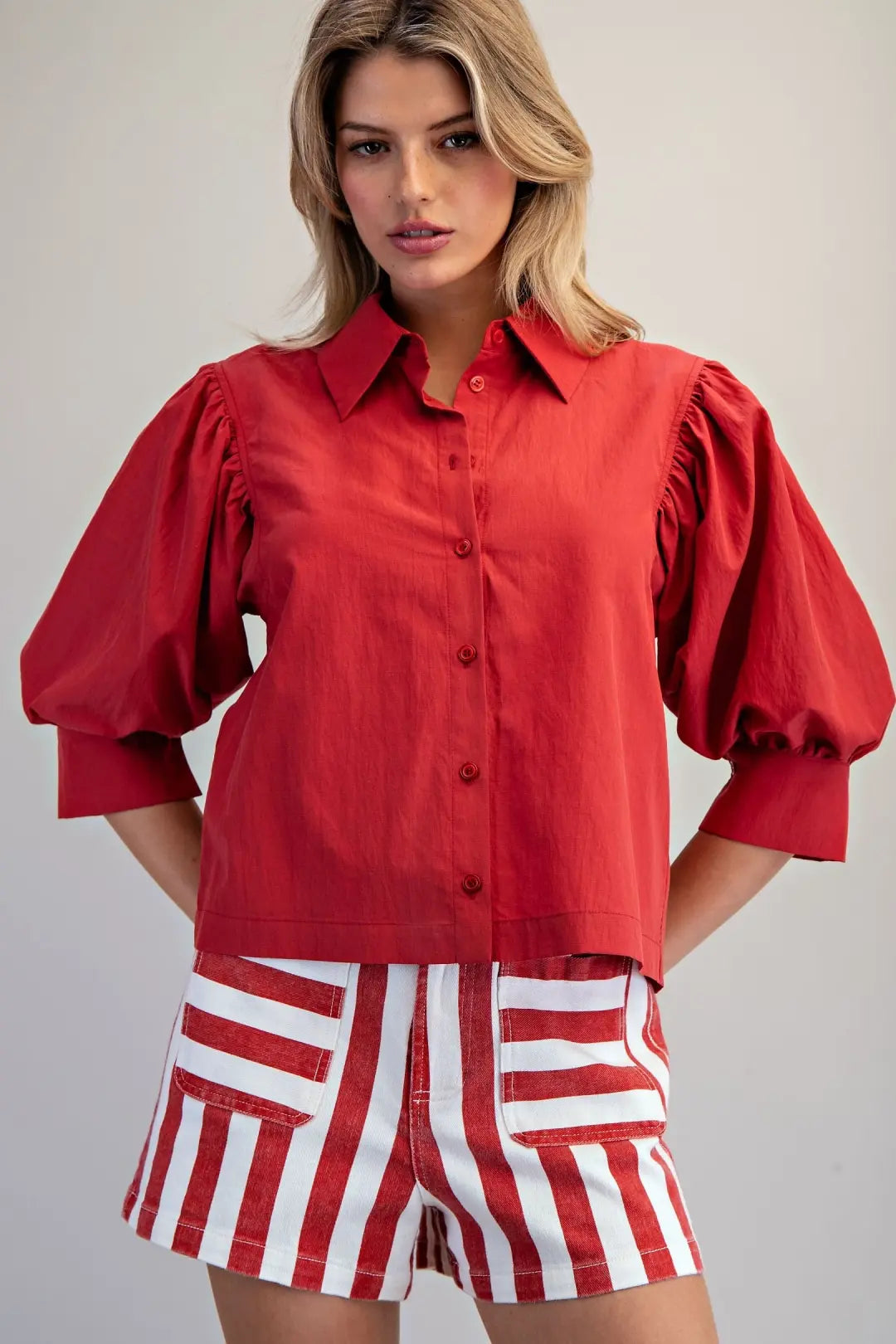 Solid Puff Sleeve Button Down Shirt in Tomato by ee:some