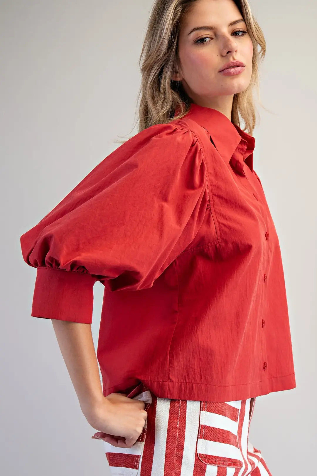 Solid Puff Sleeve Button Down Shirt in Tomato by ee:some
