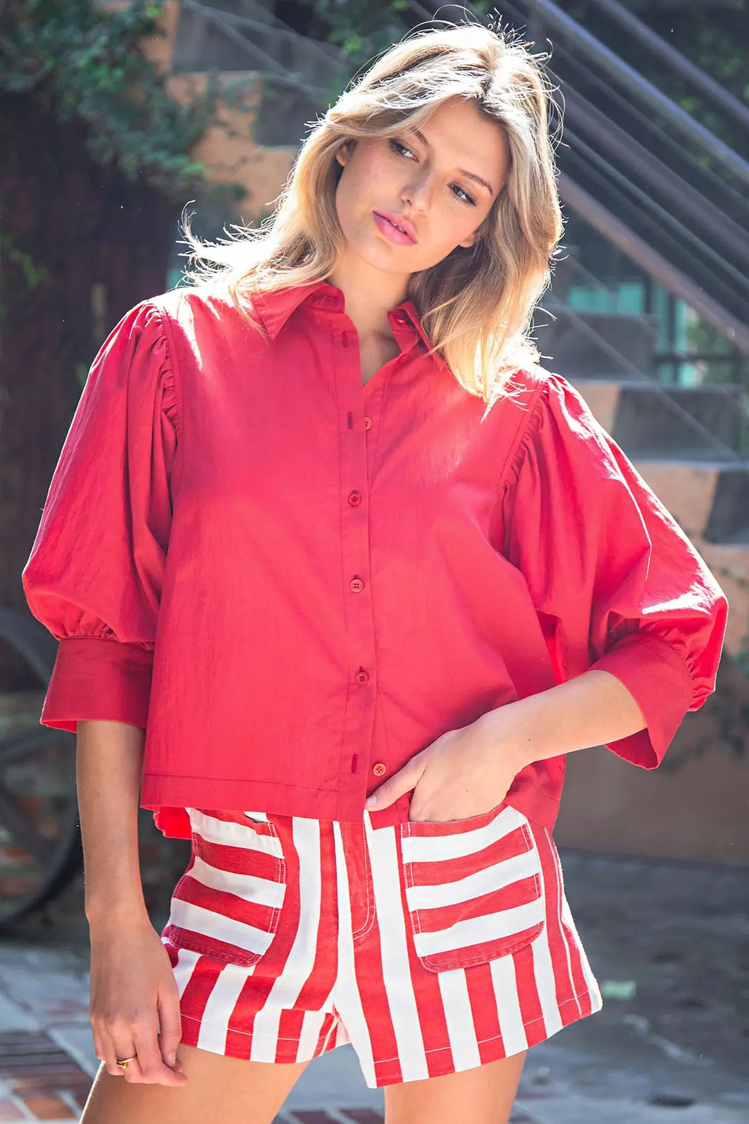 Solid Puff Sleeve Button Down Shirt in Tomato by ee:some