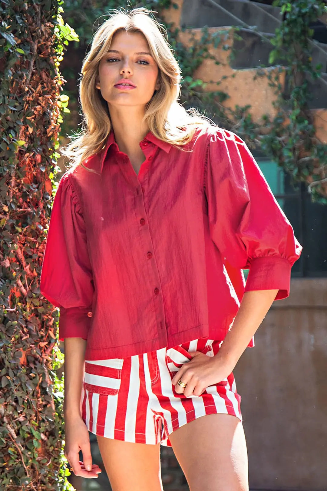 Solid Puff Sleeve Button Down Shirt in Tomato by ee:some