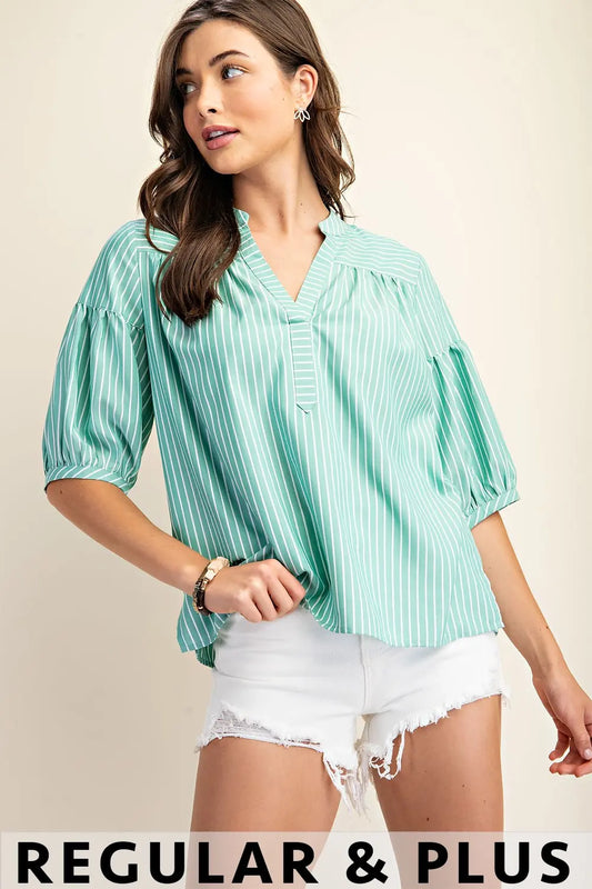 Striped Blouse with Quarter Length Bubble Sleeves by GiGio