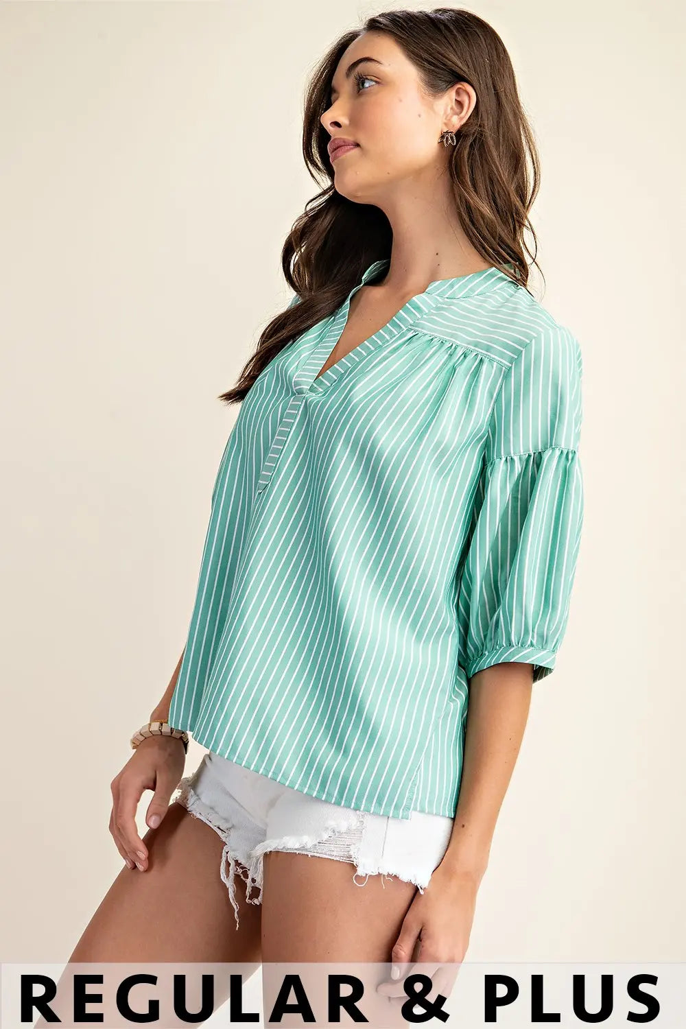 Striped Blouse w/ Quarter Length Bubble Sleeves by GiGio