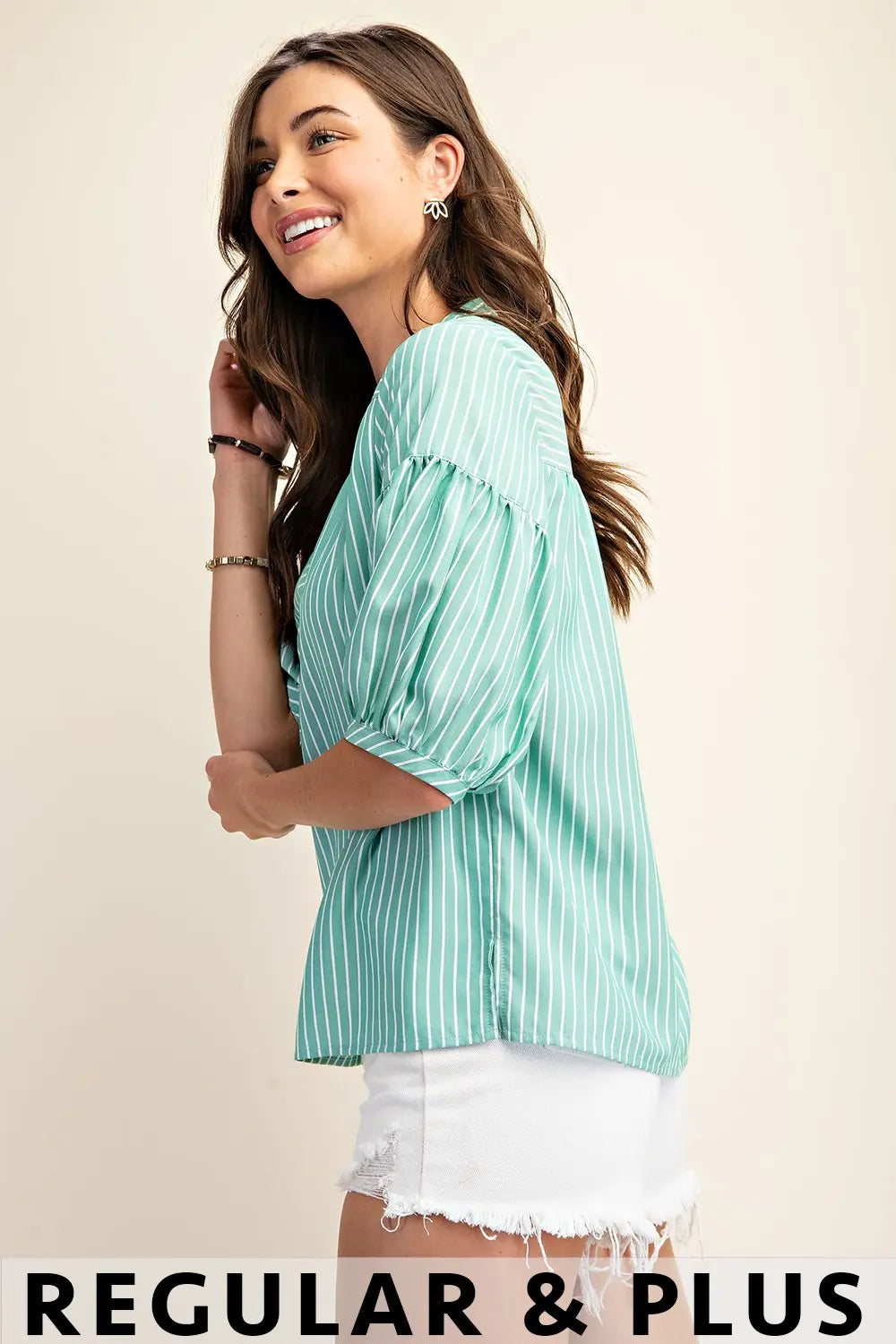 Striped Blouse w/ Quarter Length Bubble Sleeves by GiGio