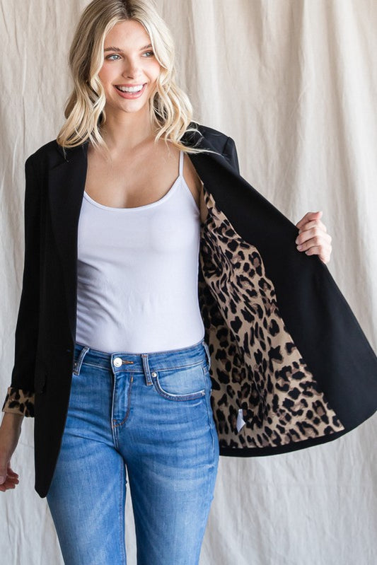 Solid Blazer Leopard Black Plus Size