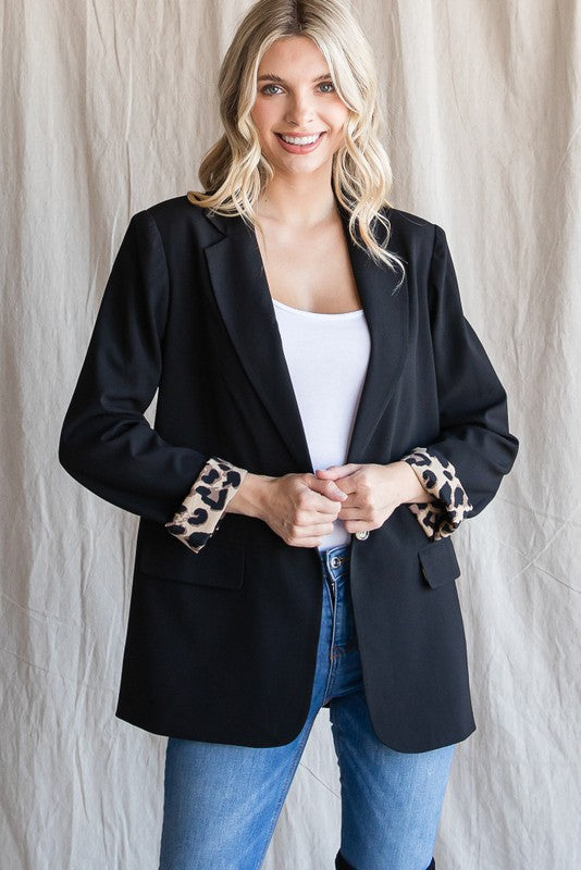 Solid Blazer Leopard Black Plus Size