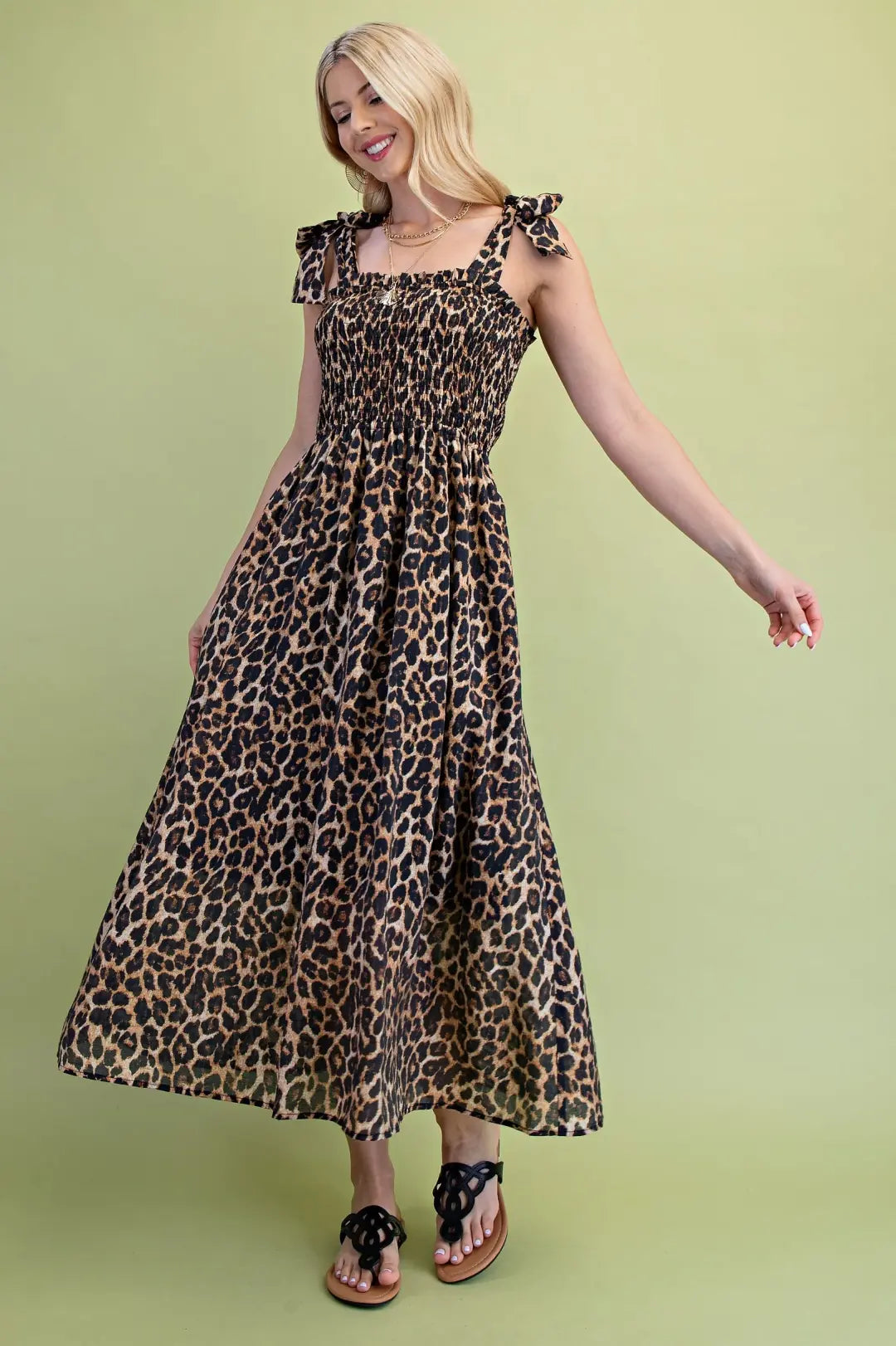 Leopard Printed Lined Midi Dress with Smocked Top and Ribbon Shoulder Ties by Gigio