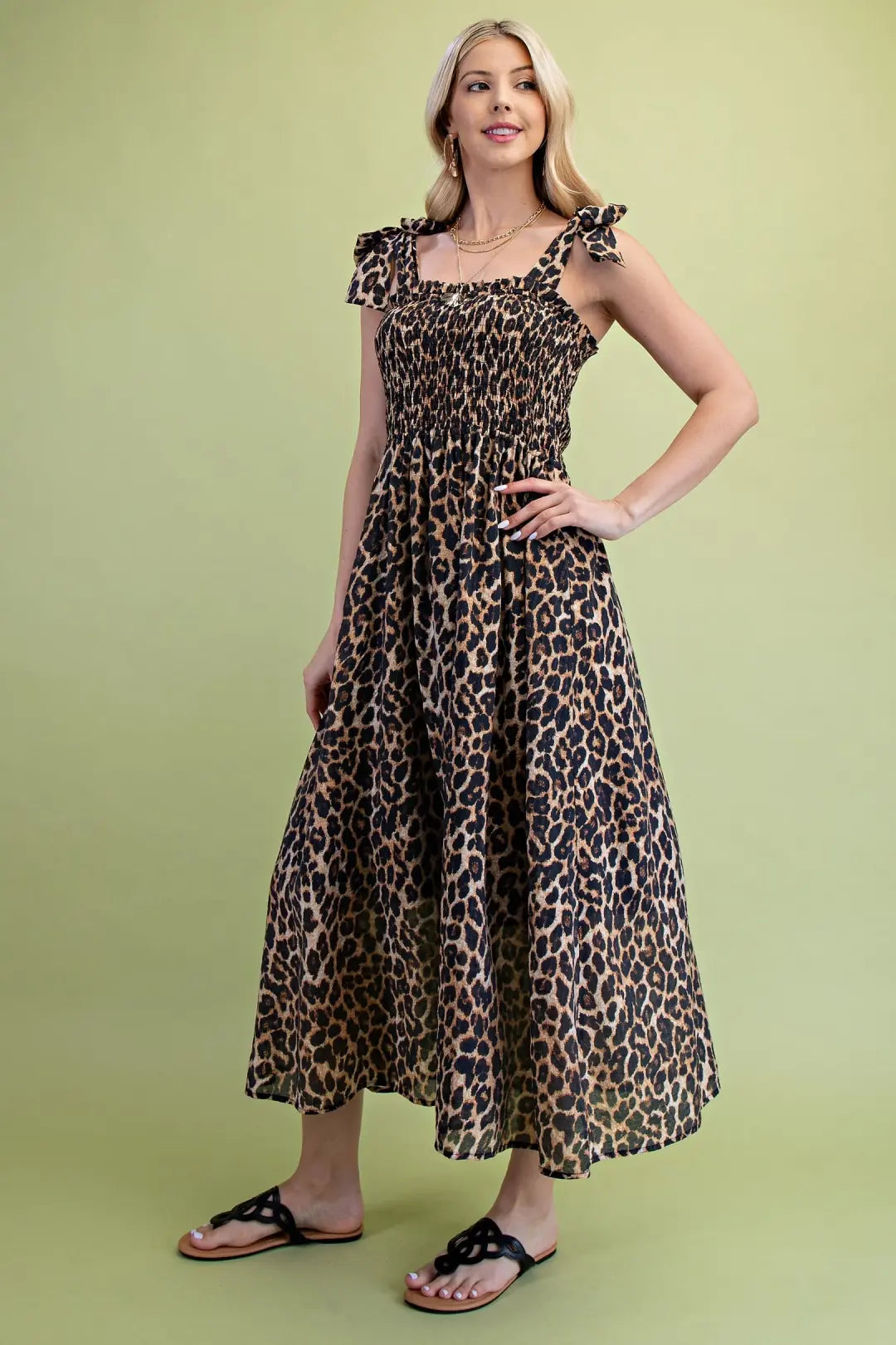Leopard Printed Lined Midi Dress with Smocked Top and Ribbon Shoulder Ties by Gigio