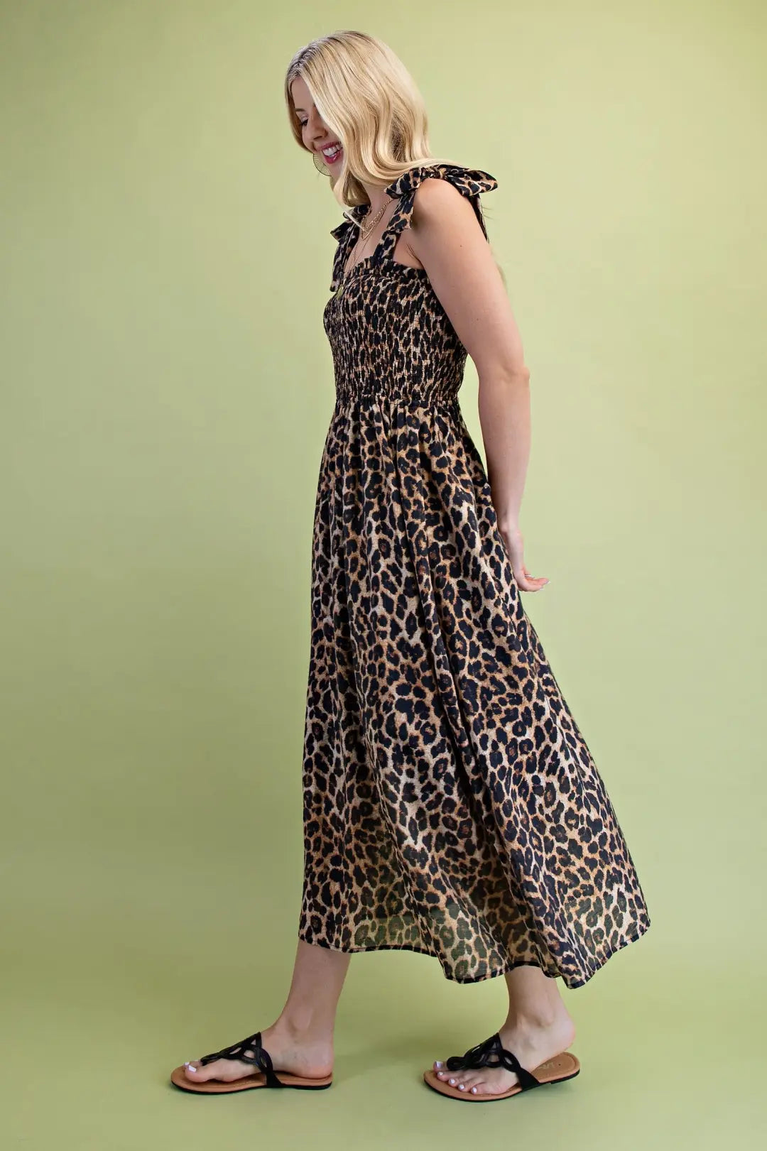 Leopard Printed Lined Midi Dress with Smocked Top and Ribbon Shoulder Ties by Gigio