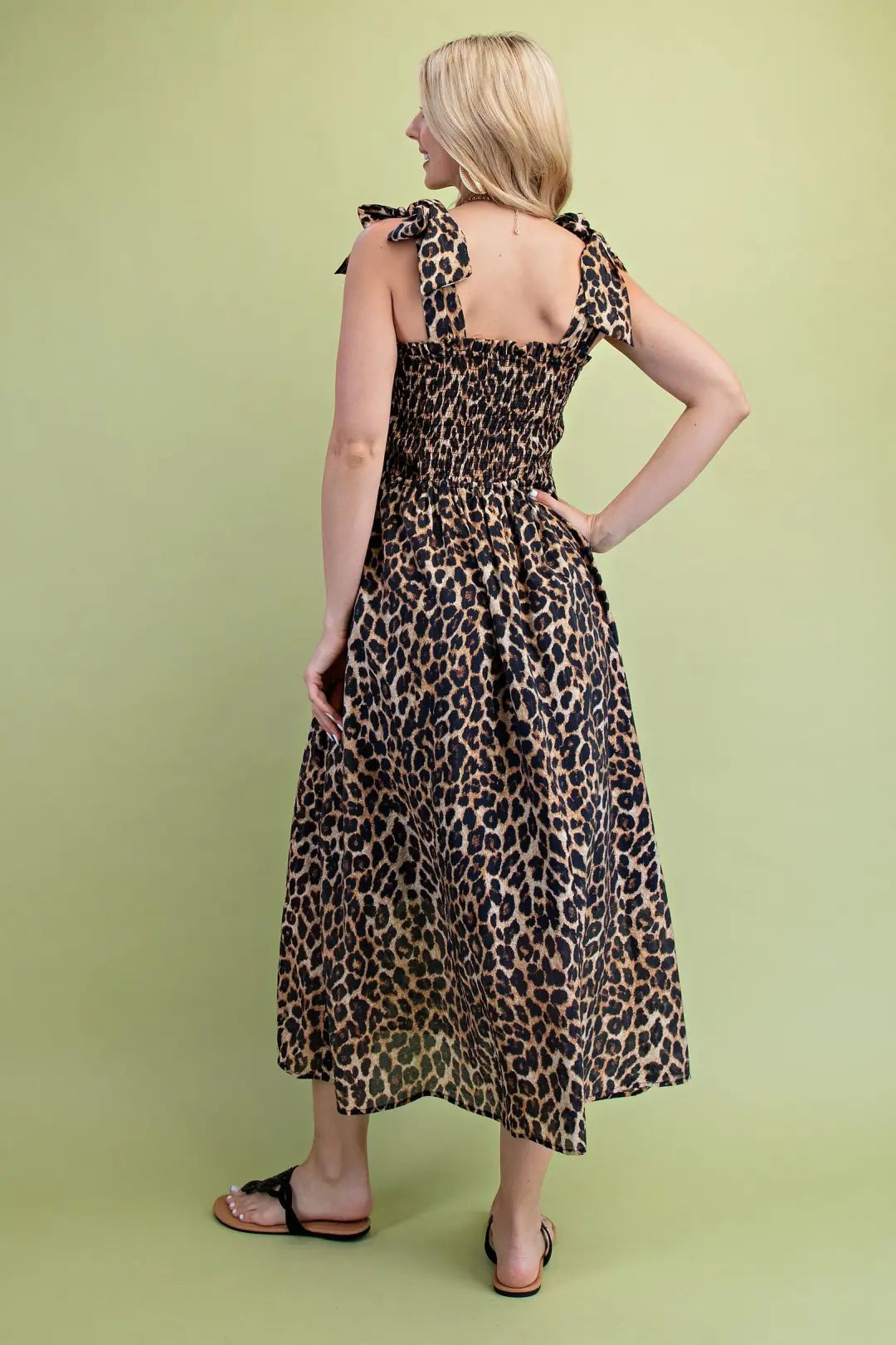 Leopard Printed Lined Midi Dress with Smocked Top and Ribbon Shoulder Ties by Gigio