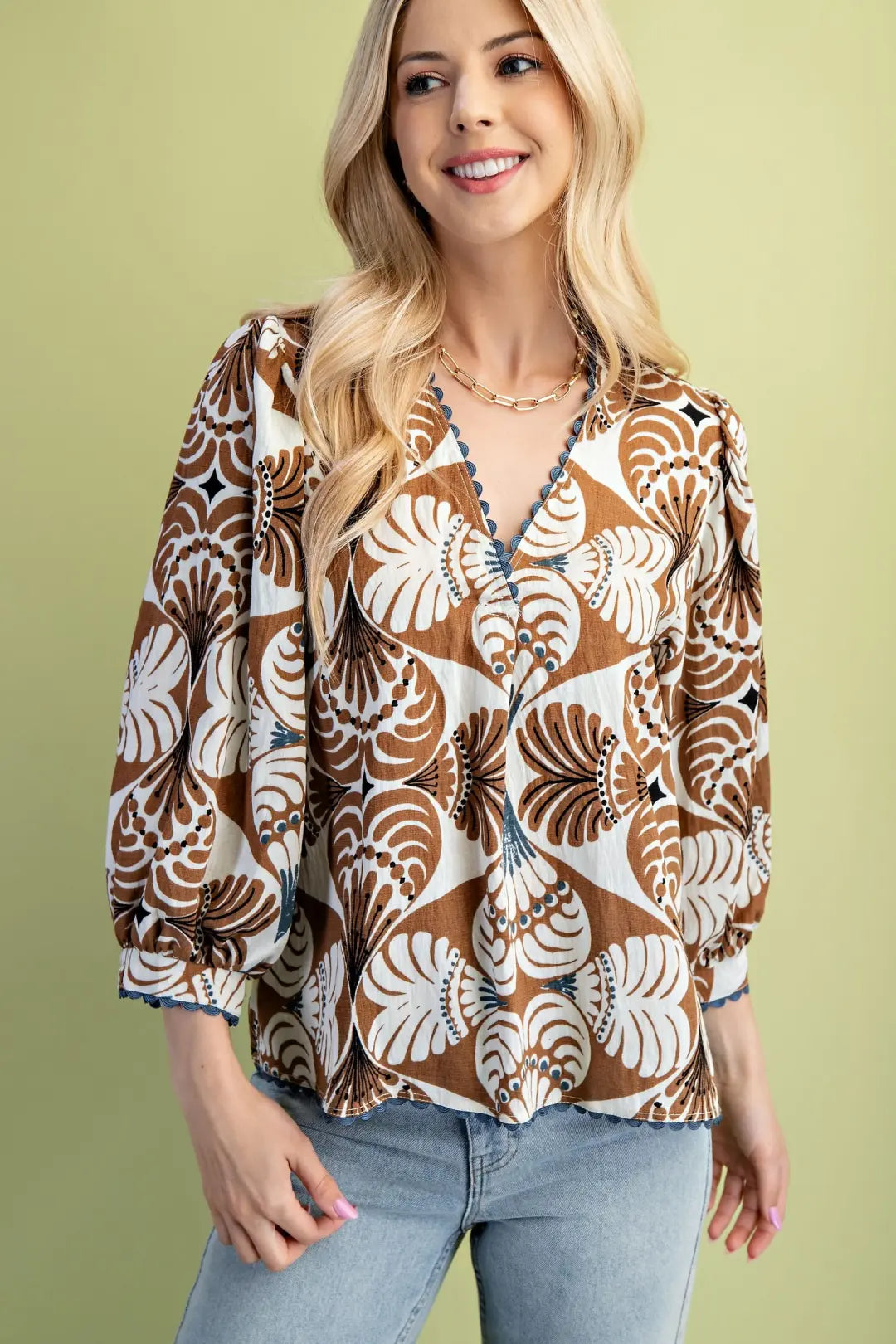 Printed V-Neck Blouse  with Ric Rac Trim Details by Gigio