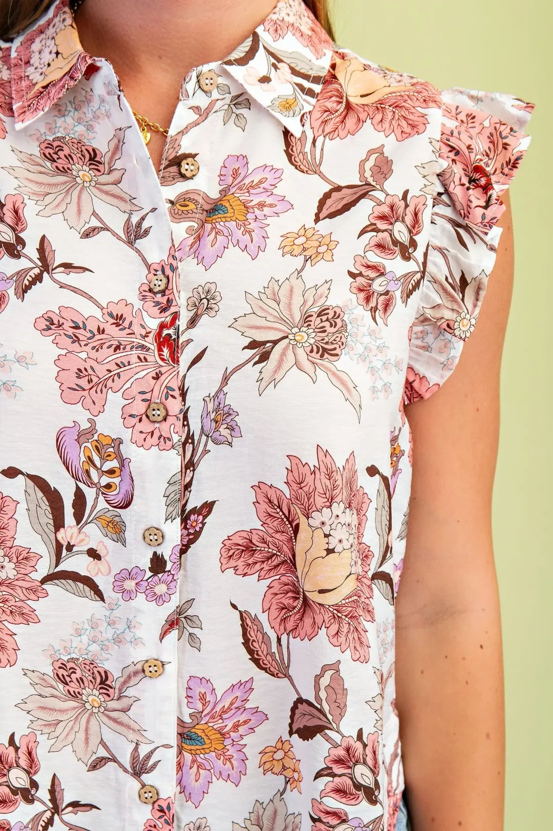 Lightweight Floral Button Up Top with Ruffled Sleeves by GiGio