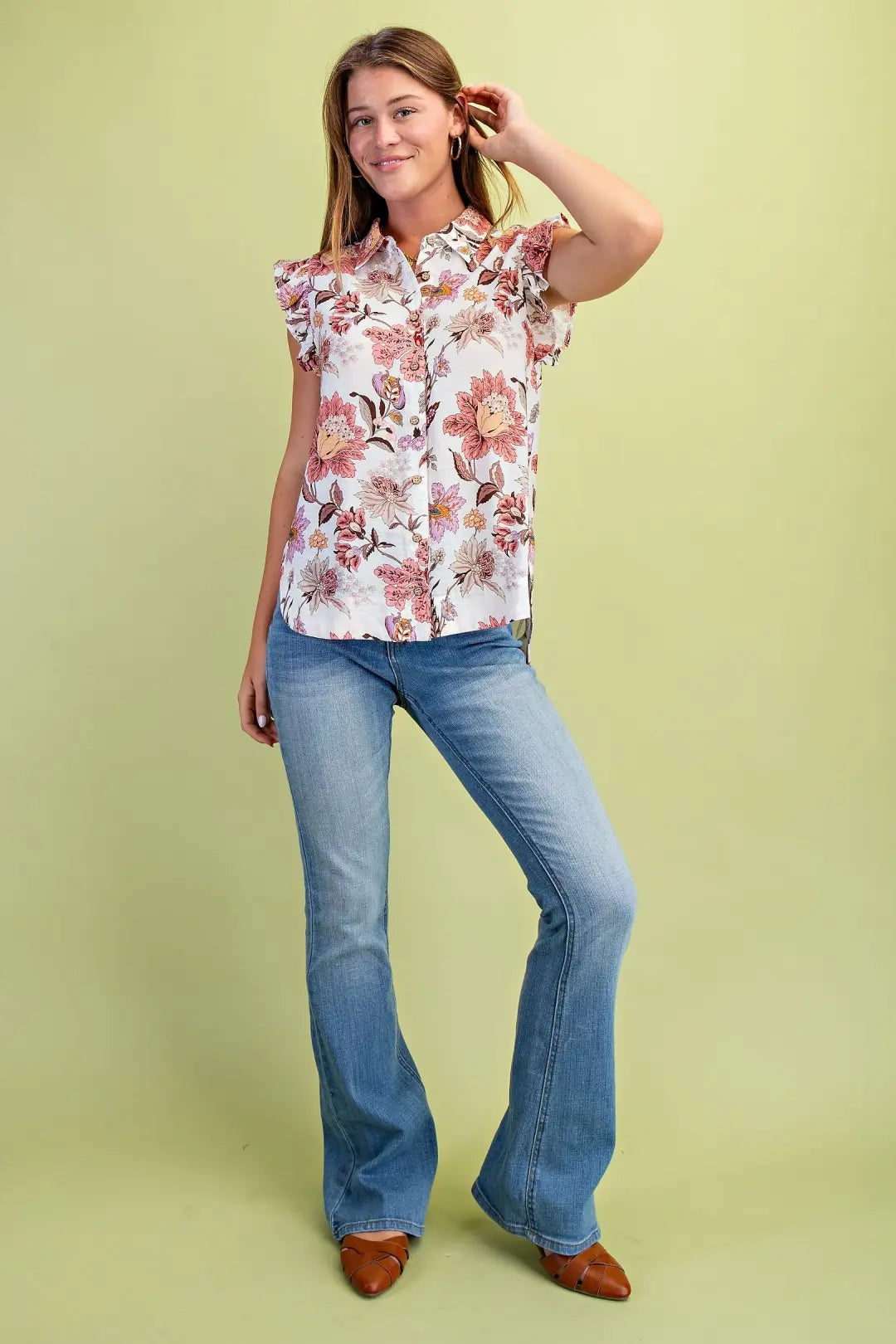 Lightweight Floral Button Up Top with Ruffled Sleeves by GiGio