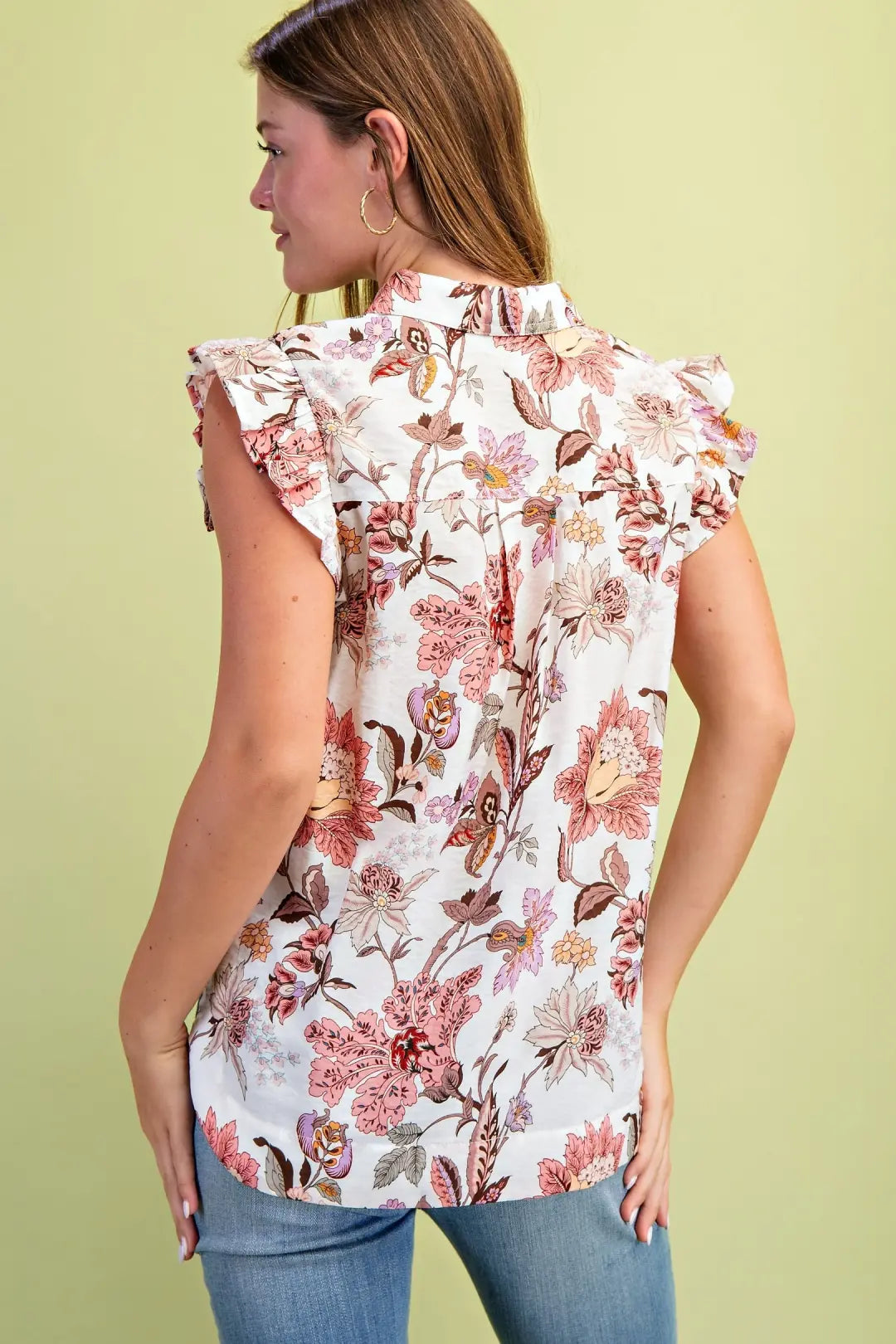Lightweight Floral Button Up Top with Ruffled Sleeves by GiGio