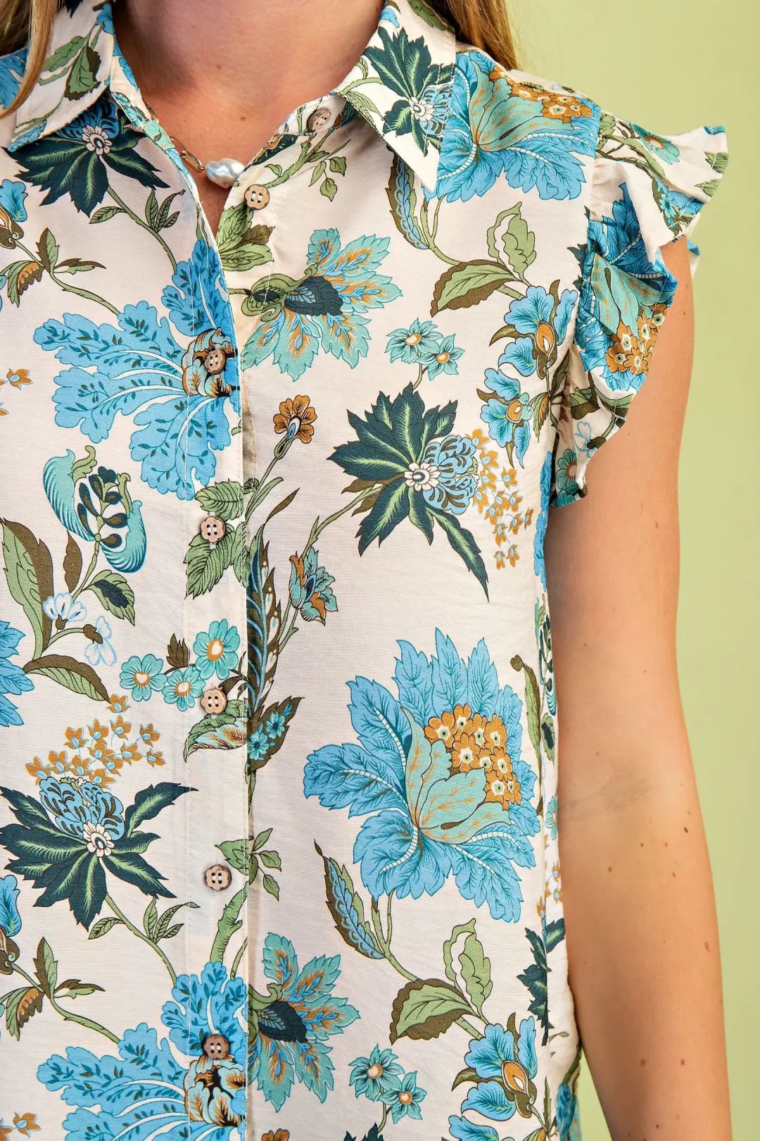 Lightweight Floral Button Up Top with Ruffled Sleeves by GiGio