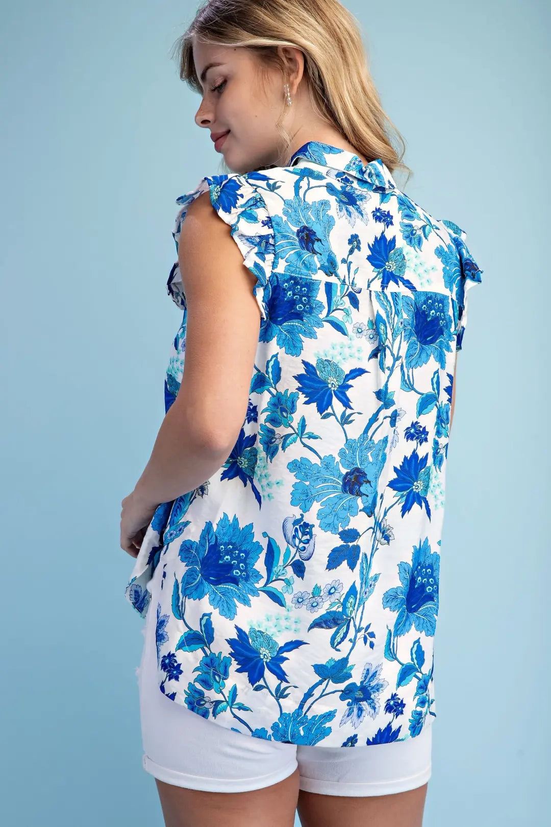 Lightweight Floral Button Up Top with Ruffled Sleeves by GiGio