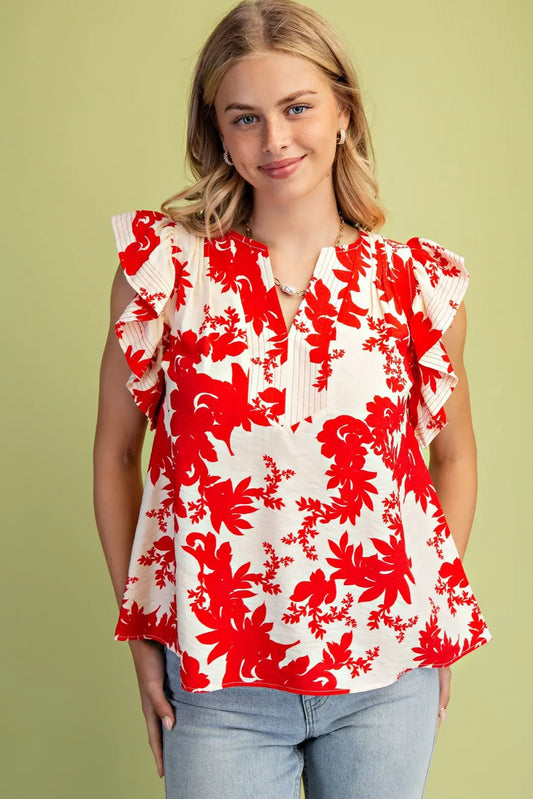 Floral Print Flutter Sleeve V-Neck Blouse with Trapunto Stitching