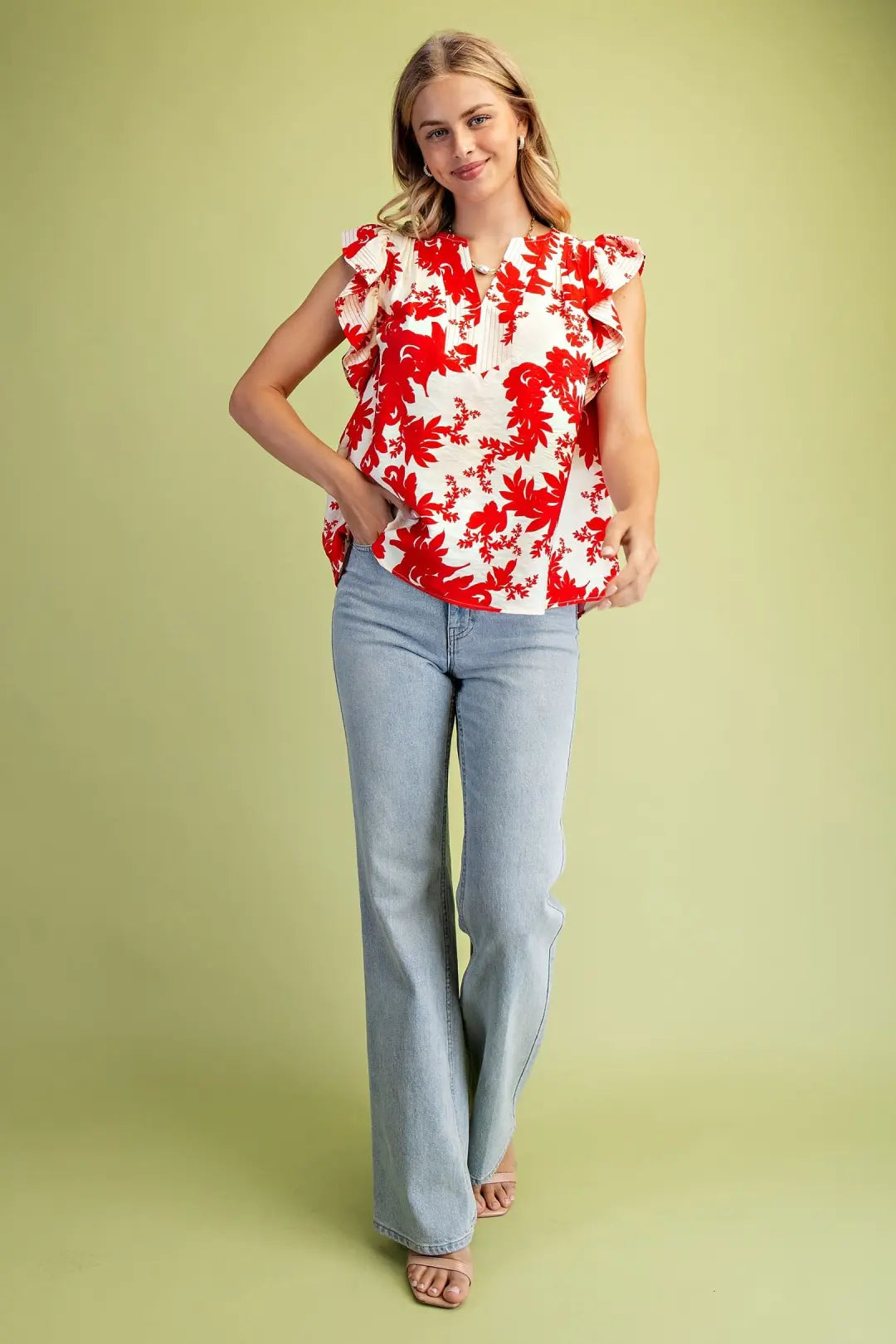 Floral Print Flutter Sleeve V-Neck Blouse with Trapunto Stitching