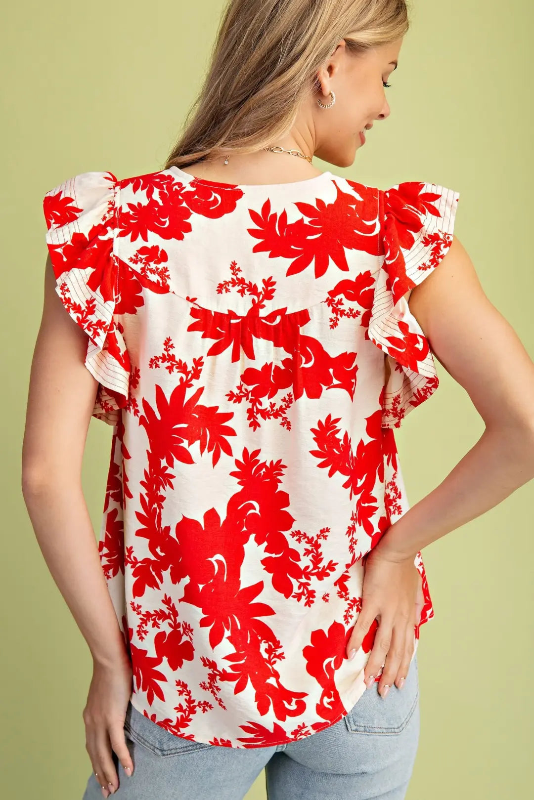 Floral Print Flutter Sleeve V-Neck Blouse with Trapunto Stitching