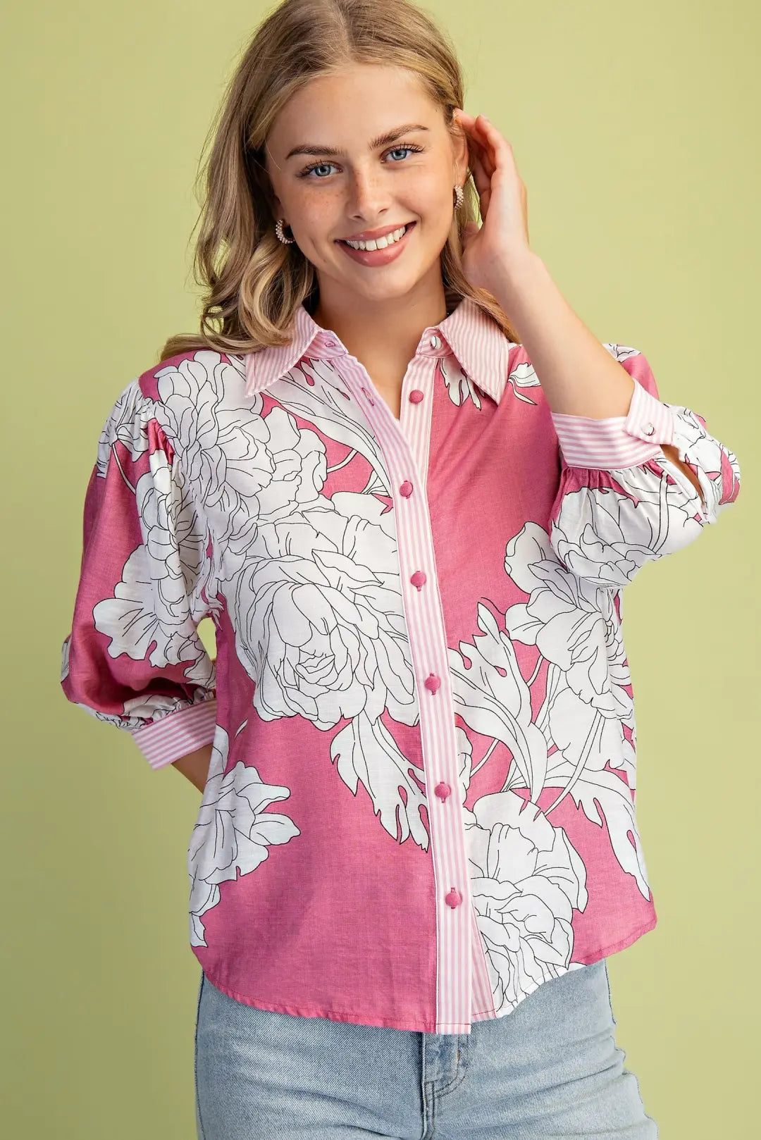 Floral Print Button Down with Striped Accents by GiGio