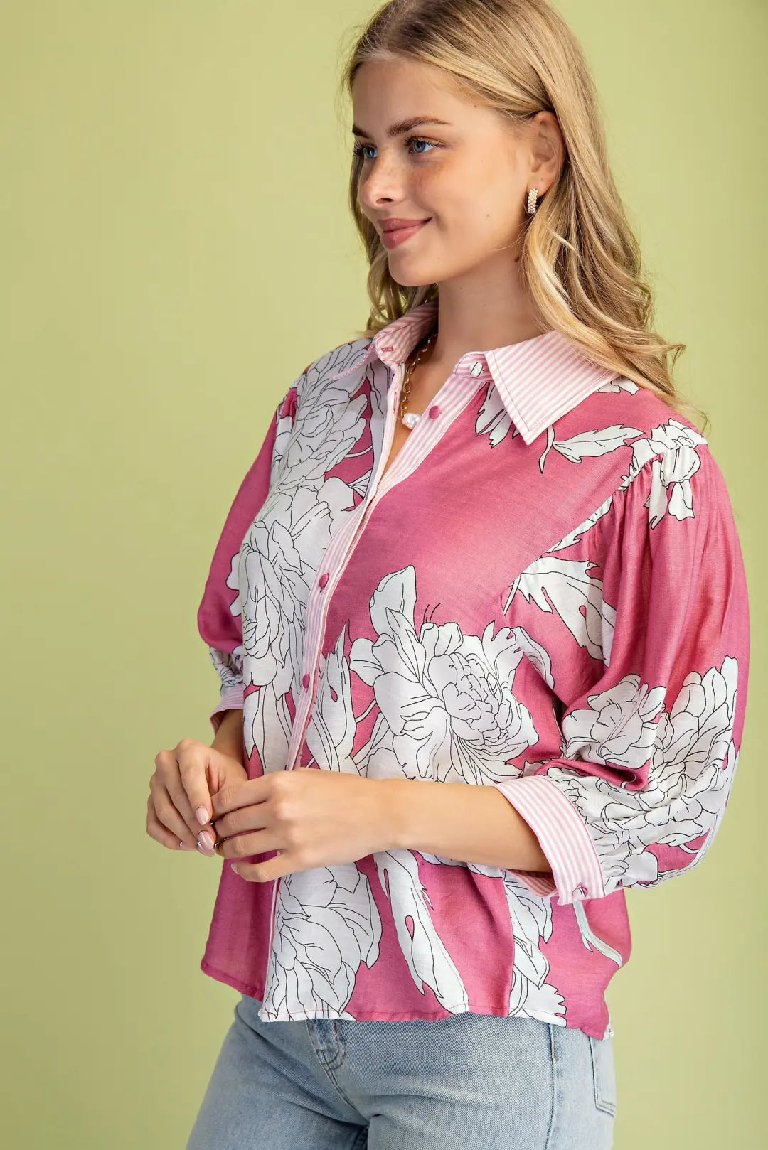 Floral Print Button Down with Striped Accents by GiGio