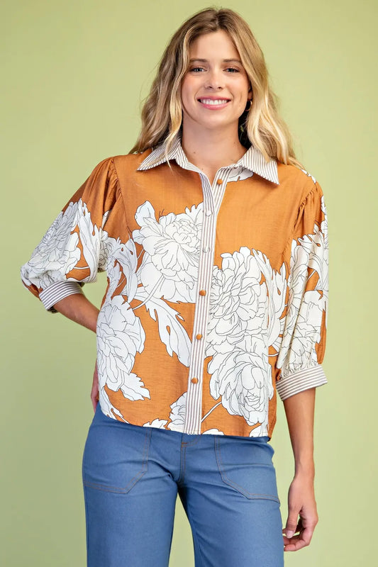 Floral Print Button Down with Striped Accents by GiGio