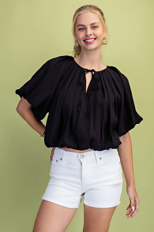 Short Sleeve Balloon Pleated Crop Top with Tie Neck Strings by GiGio
