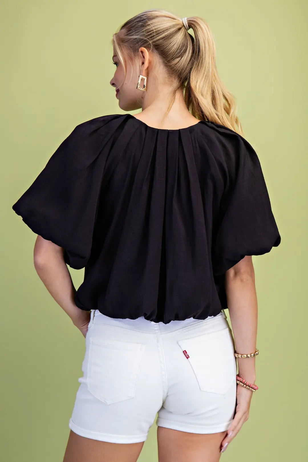 Short Sleeve Balloon Pleated Crop Top with Tie Neck Strings by GiGio