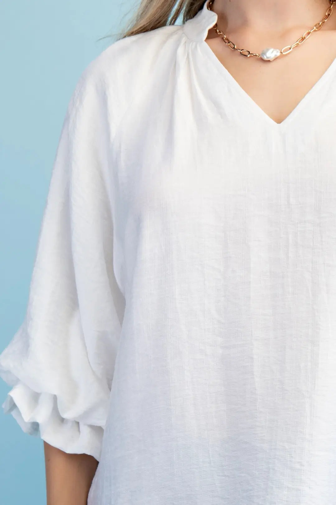 Scalloped Edged V-Neck Blouse with 3/4 Length Gathered Balloon Sleeves by GiGio