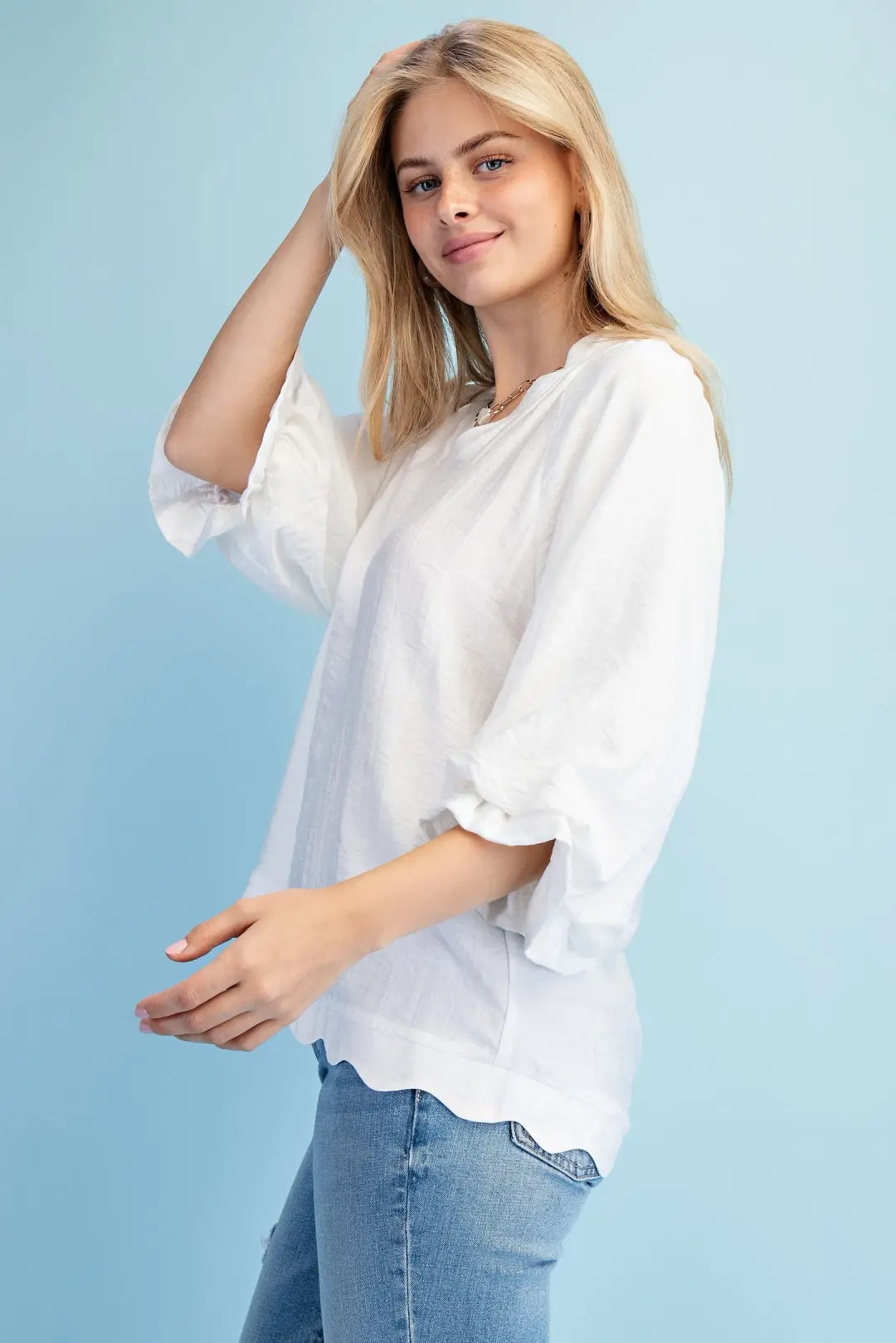 Scalloped Edged V-Neck Blouse with 3/4 Length Gathered Balloon Sleeves by GiGio