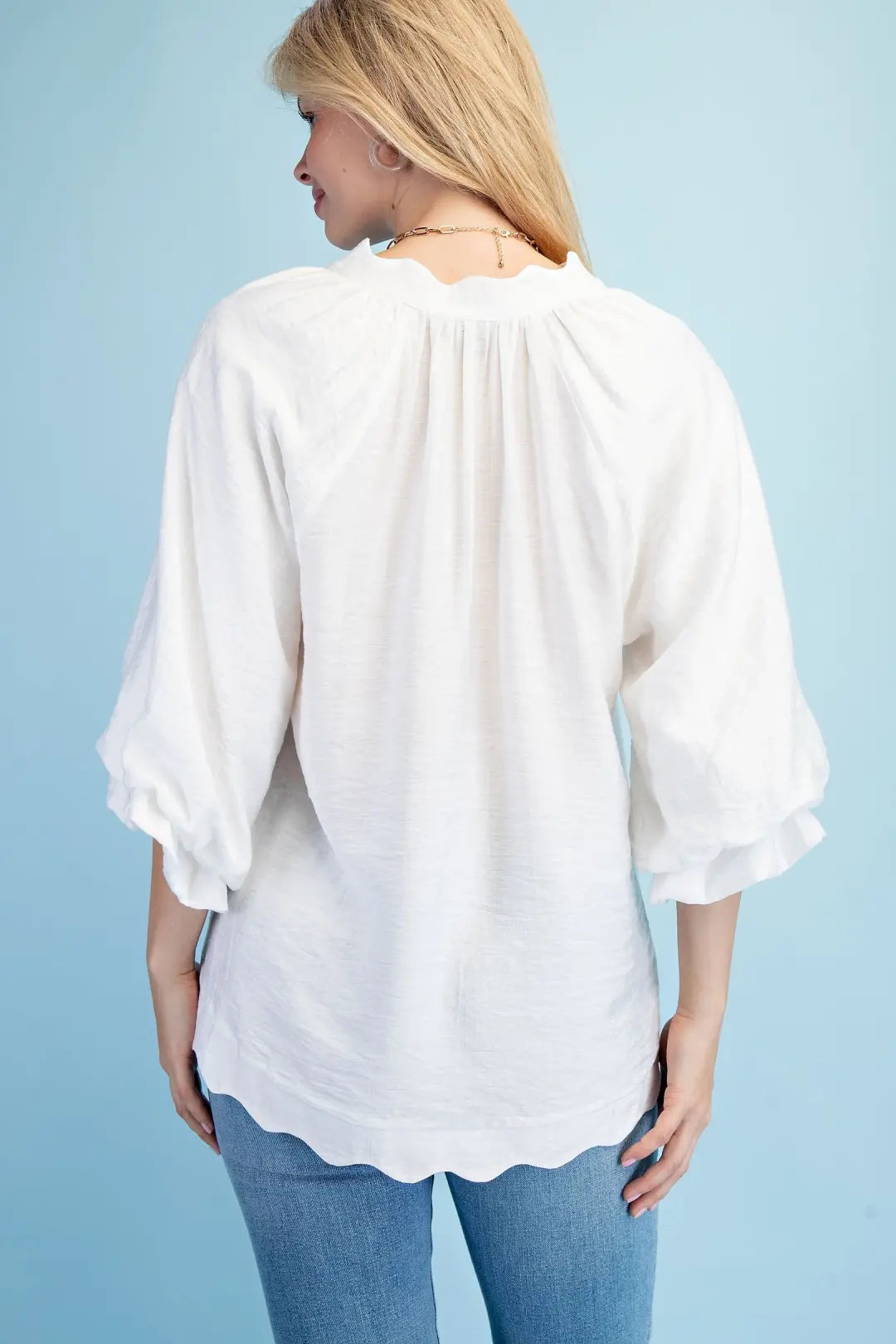 Scalloped Edged V-Neck Blouse with 3/4 Length Gathered Balloon Sleeves by GiGio
