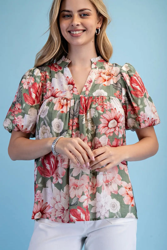 Floral Print VNeck Blouse by Gigio