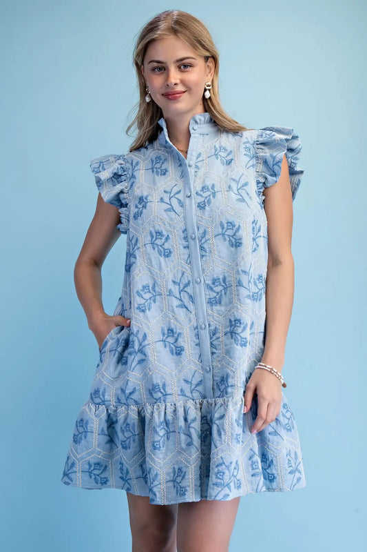 Glossy Embroidered Button Down Dress in Sky by GiGio