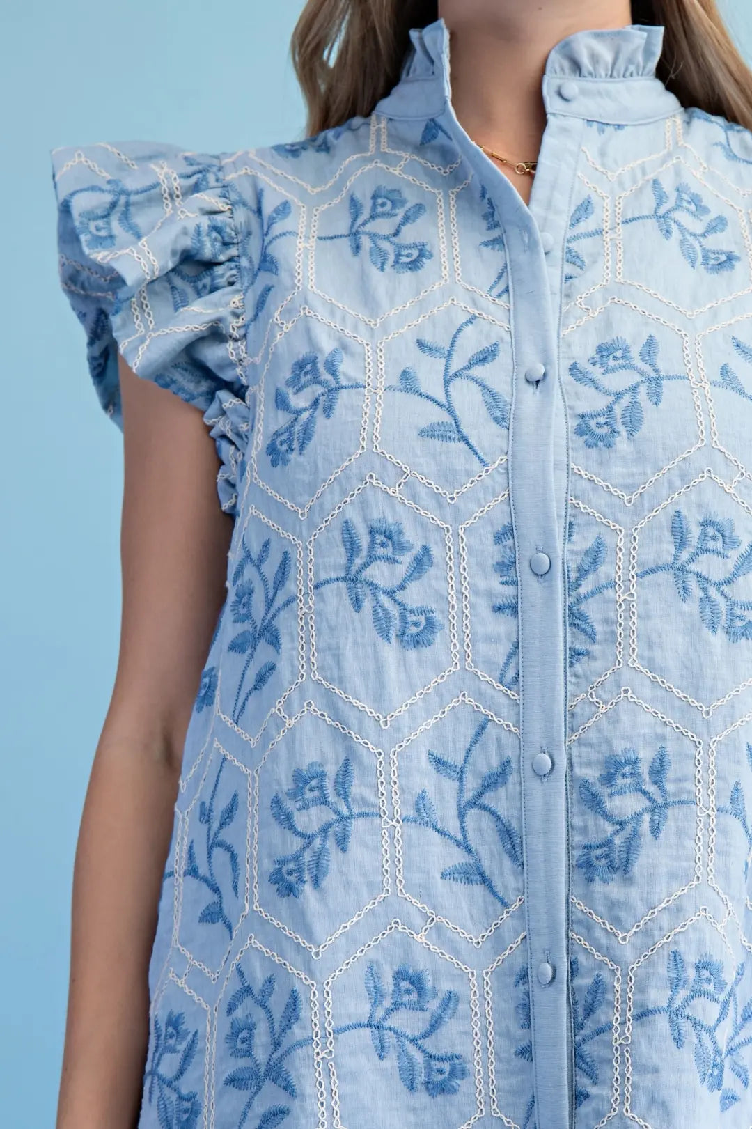 Glossy Embroidered Button Down Dress in Sky by GiGio